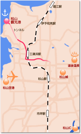 松山観光港から市街地へのアクセスマップ
