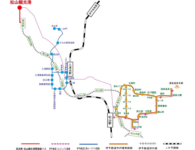 松山観光港からの乗り継ぎ案内図マップ